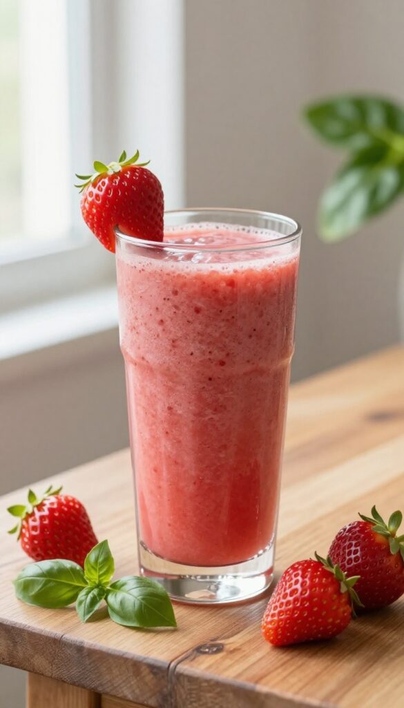 Strawberry basil smoothie in a glass with fresh strawberries and basil on a wooden table