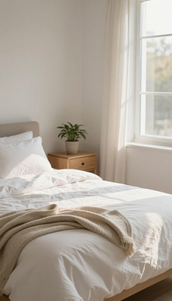 A neatly made bed in a sunlit bedroom, with white linens and plush pillows, conveying a sense of calm and order.
