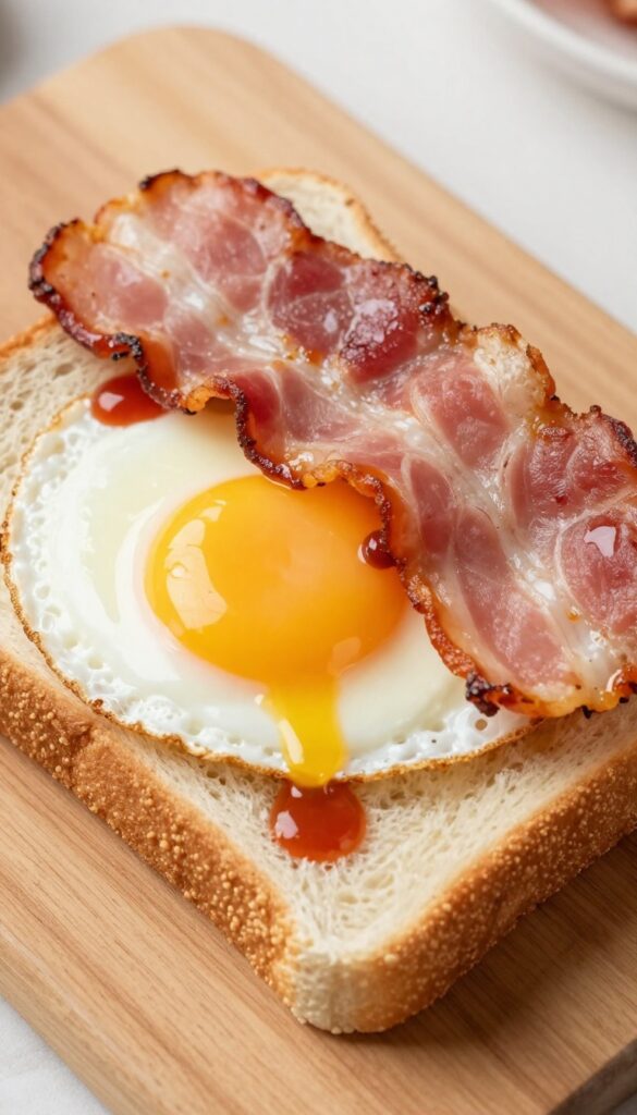 Bacon and egg butty sandwich with crispy bacon and runny yolk on a wooden board.