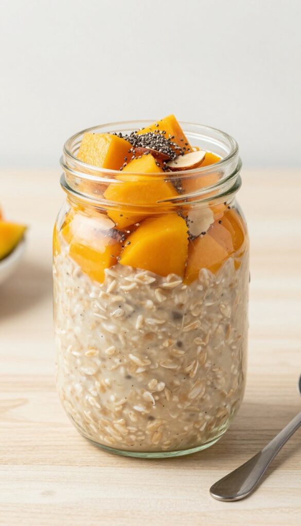 Overnight oats with chia seeds and mango in a glass jar on a wooden table