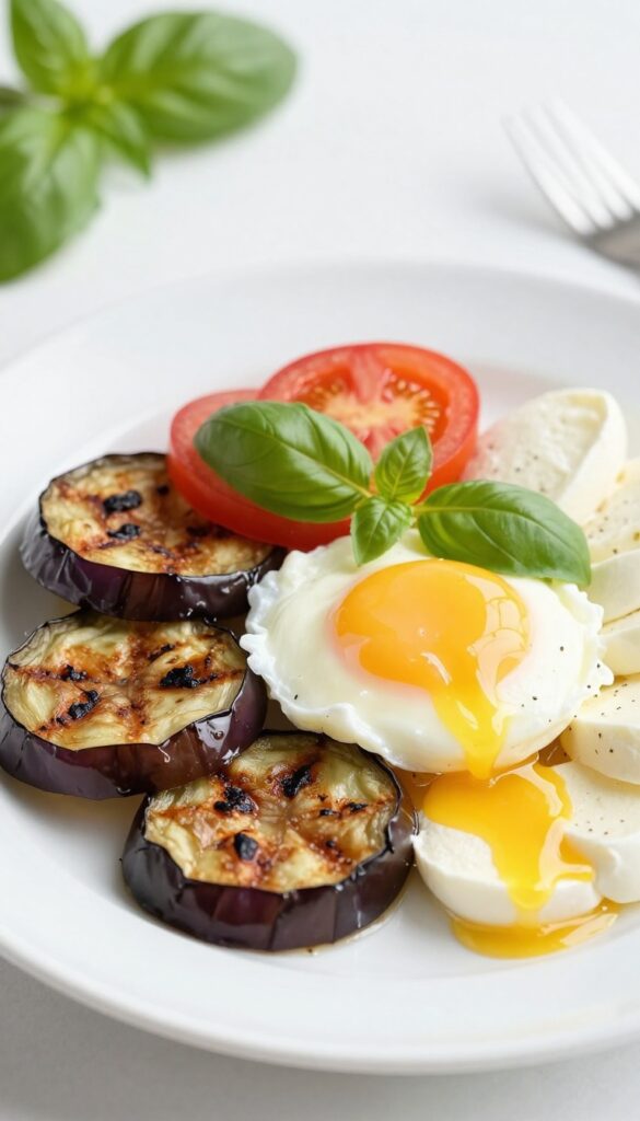 Eggplant and tomato breakfast stack with poached egg and basil on a white plate