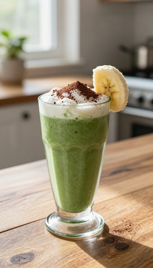 A glass of green chocolate banana smoothie on a wooden table in bright natural light.