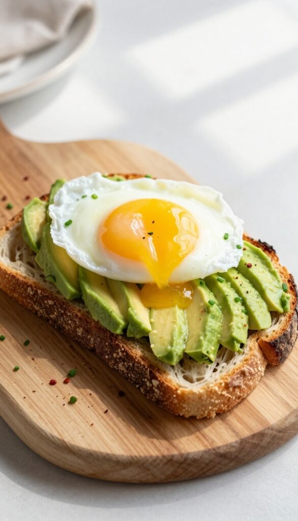 Avocado toast with poached egg on sourdough, garnished with red pepper flakes and chives, on a wooden board.