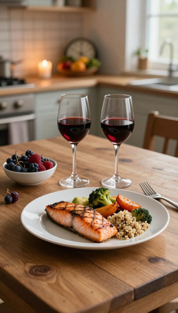 A single large evening meal on a rustic table with salmon, vegetables, quinoa, and berries, representing the Warrior Diet's 20:4 fasting schedule.