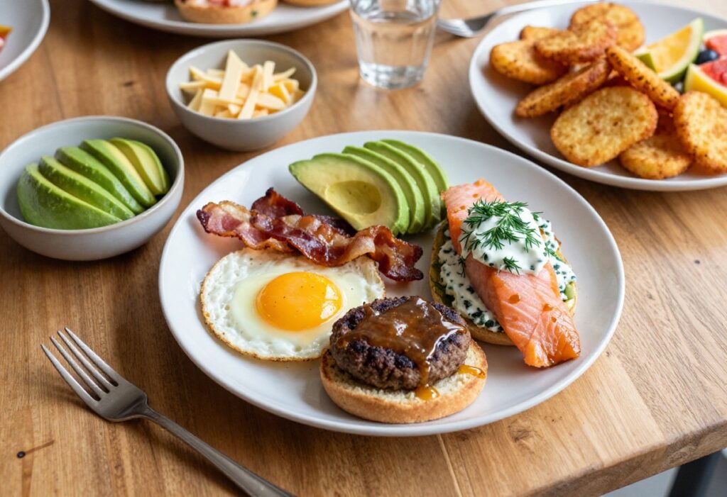 Assorted breakfast burgers on a wooden platter with toppings and sides for a brunch party.