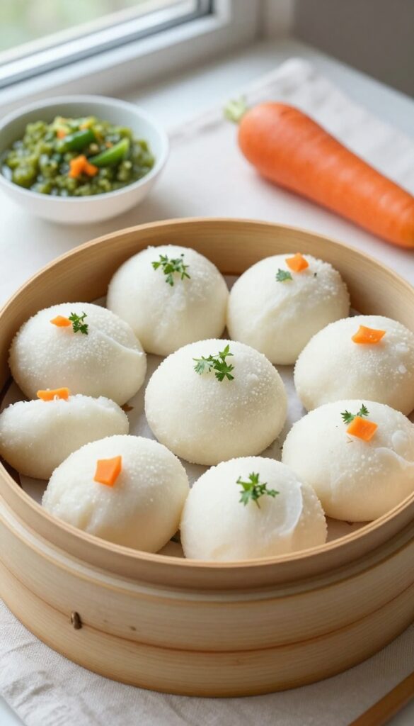 Steamed oats idli in bamboo steamer with vegetable toppings and chutney