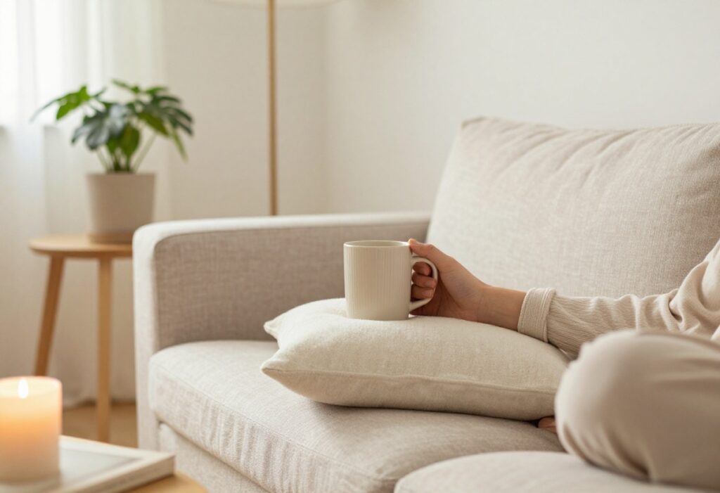 Person relaxing at home with a warm drink in a cozy living room