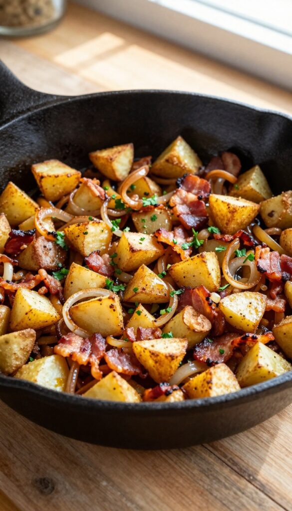 Bacon, potato, and onion hash in a cast-iron skillet, crispy and golden brown.