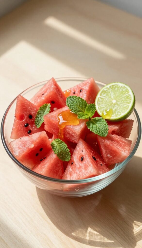 A bowl of watermelon and mint salad with lime wedge on a wooden table in natural light.
