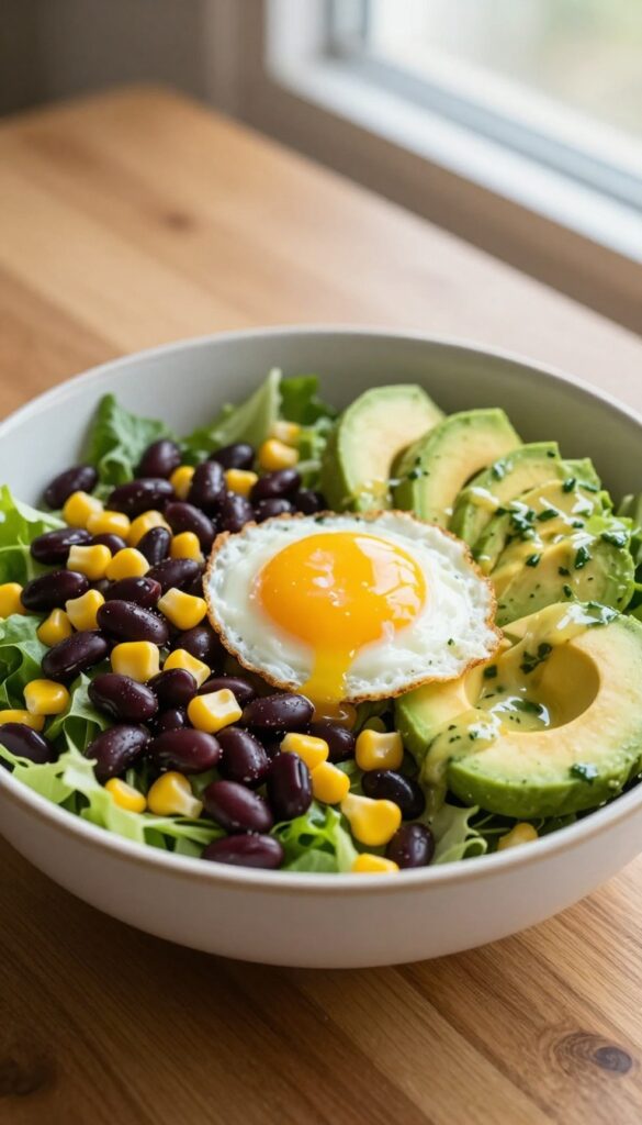 Southwest black bean and corn breakfast salad with avocado and sunny-side-up egg