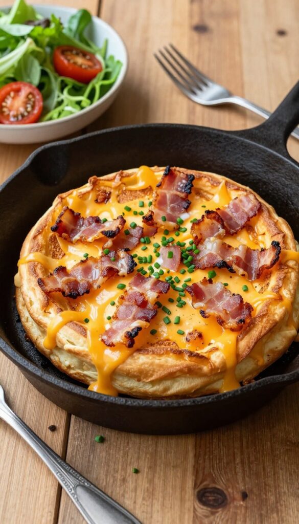 Savory bacon and cheddar Dutch baby pancake in a cast-iron skillet on a wooden table