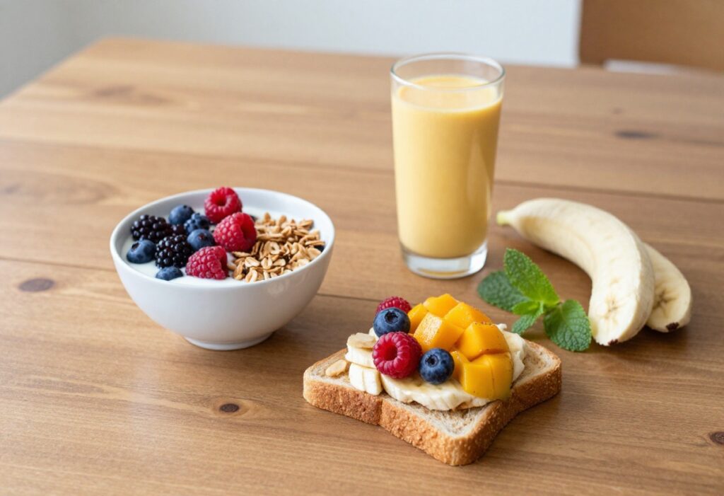 A colorful breakfast spread with a berry bowl, banana toast, and mango smoothie on a wooden table.