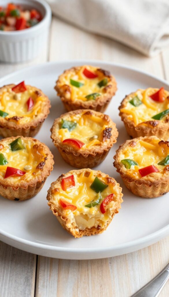 Mini frittata muffins on a plate with bell peppers and cheese.