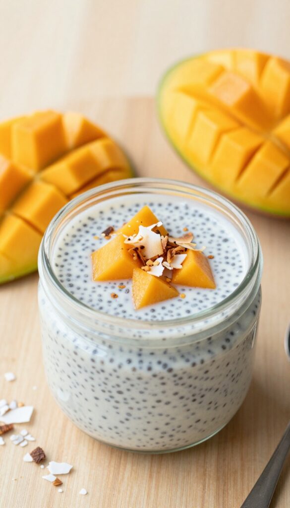 Chia seed pudding with mango and coconut in a glass jar
