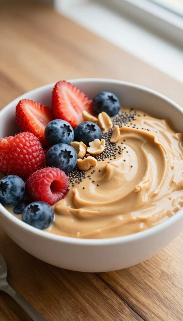 Peanut butter yogurt bowl topped with fresh berries, chopped peanuts, and chia seeds on a wooden table in natural light.