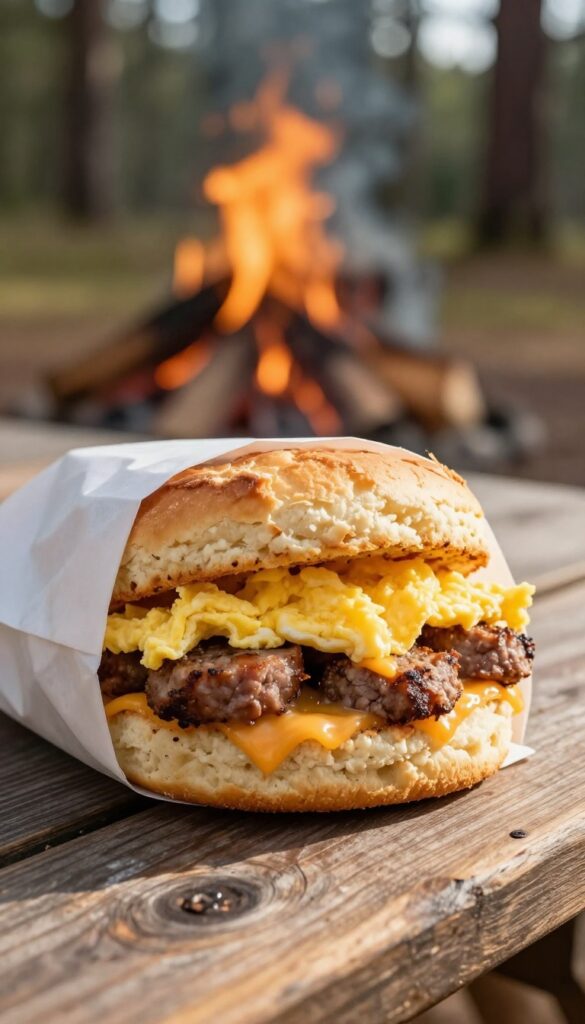 Foil-wrapped sausage and egg biscuit sandwich on a picnic table with campfire in background