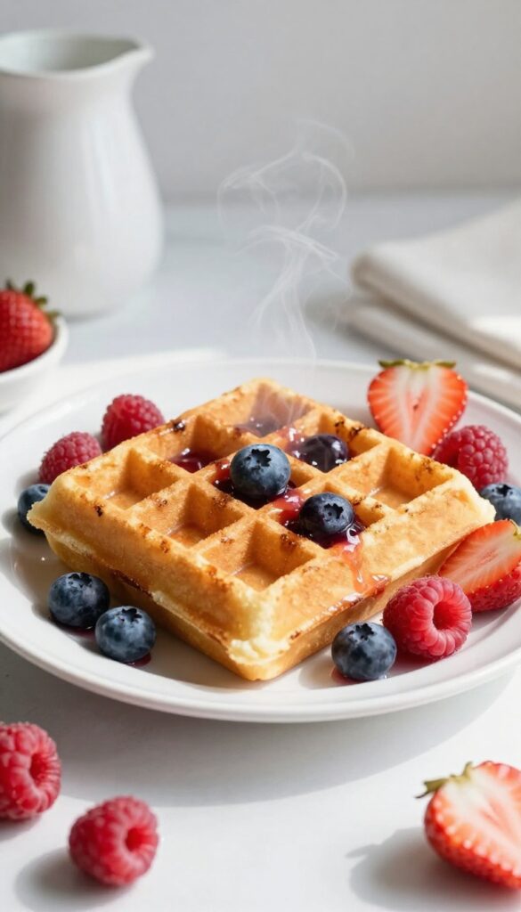 Golden buttermilk waffle topped with mixed berry compote on a white plate with fresh berries scattered around.