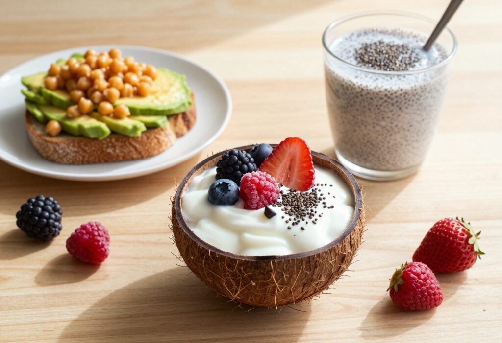 Dairy-free breakfast spread with coconut yogurt parfait, avocado toast, smoothie bowl, and chia pudding on a wooden table.