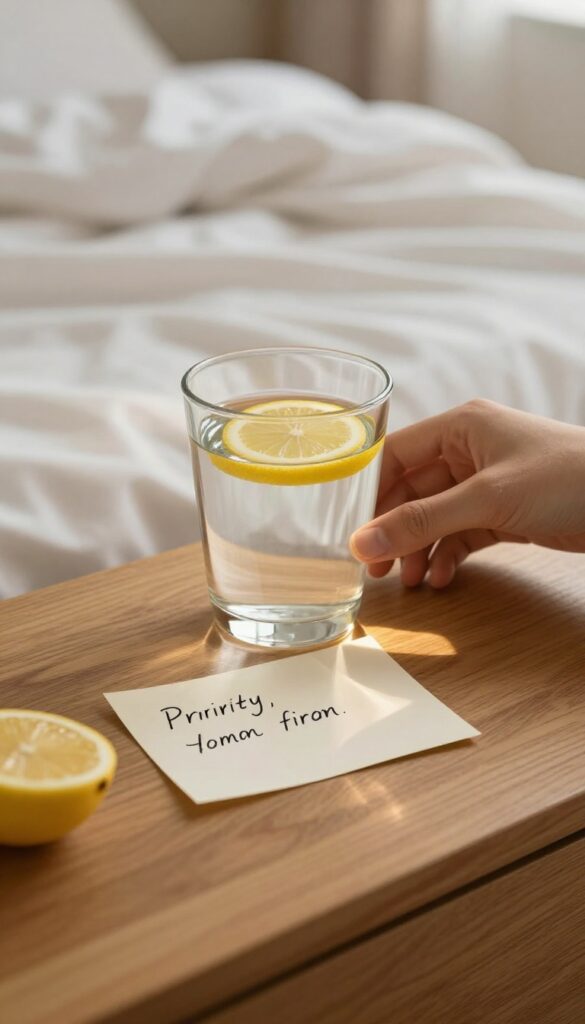 Peaceful morning reset scene with water glass, priority note, and gentle stretch