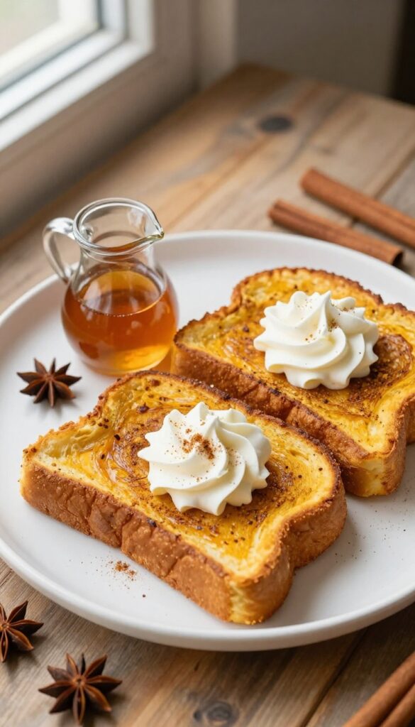 Pumpkin spice French toast with whipped cream and maple syrup on a wooden table