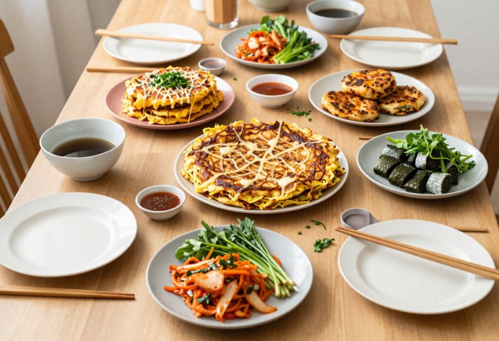 Assorted Asian breakfast dishes on a wooden table, including savory pancakes, fried rice, and rice balls with dipping sauces.