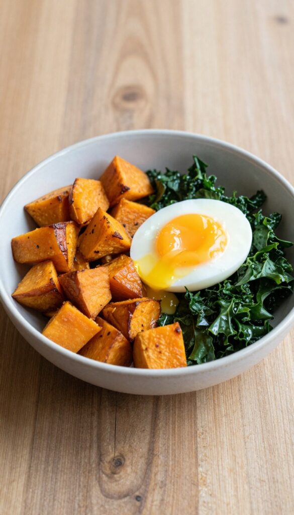 Warm sweet potato and kale breakfast salad with soft-boiled egg