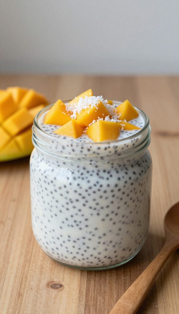 Chia seed pudding with mango in a glass jar on a wooden table