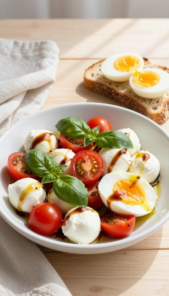 Caprese breakfast salad with cherry tomatoes, mozzarella, basil, balsamic glaze, and olive oil, served with whole-grain toast and a soft-boiled egg.