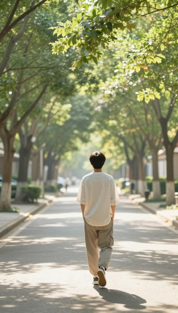 Person walking on a sunny tree-lined street without a phone, peaceful and disconnected.