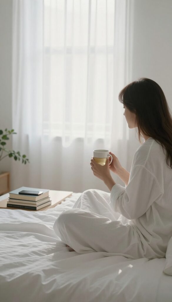 Woman sitting on bed in morning light, phone away, holding a mug of water