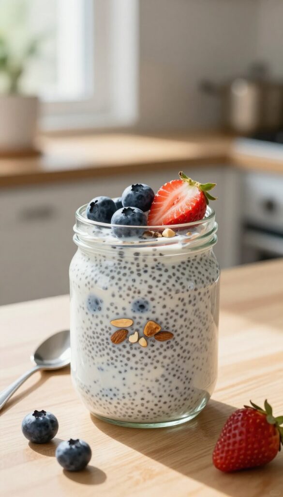 Chia pudding in a glass jar with fresh berries and almonds on a wooden table in natural morning light