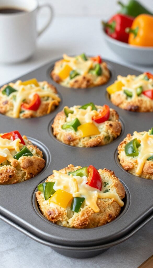 Freshly baked veggie egg muffins with bell peppers and cheese in a muffin tin, bright natural light, photorealistic food photography.