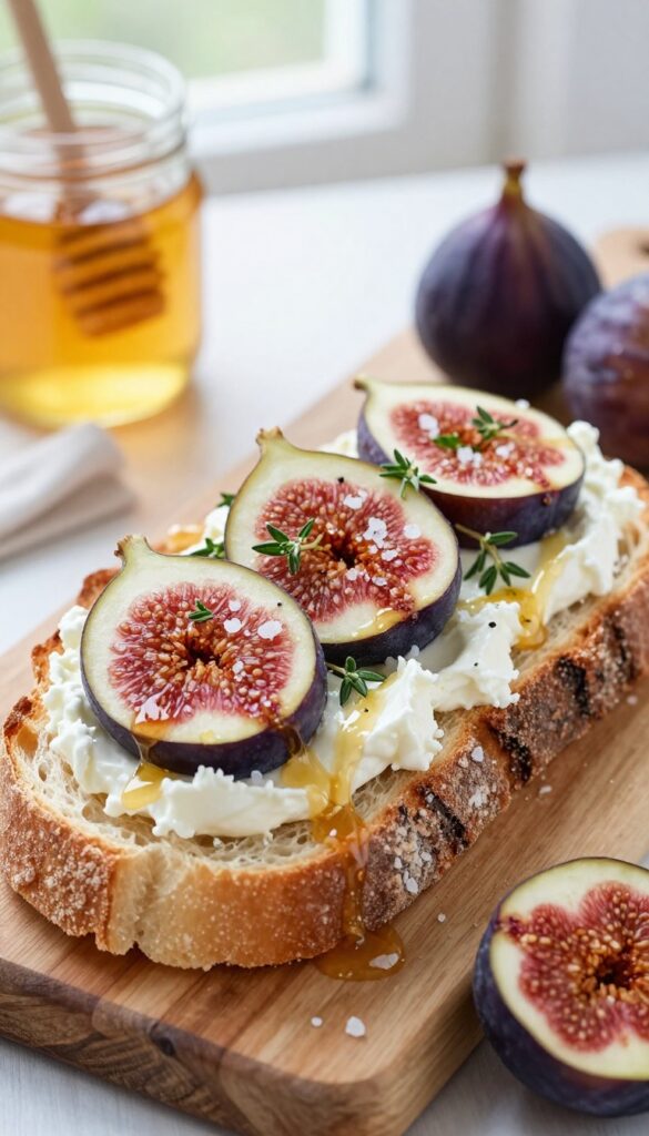 Ricotta and honey toast topped with fresh fig quarters on a wooden board