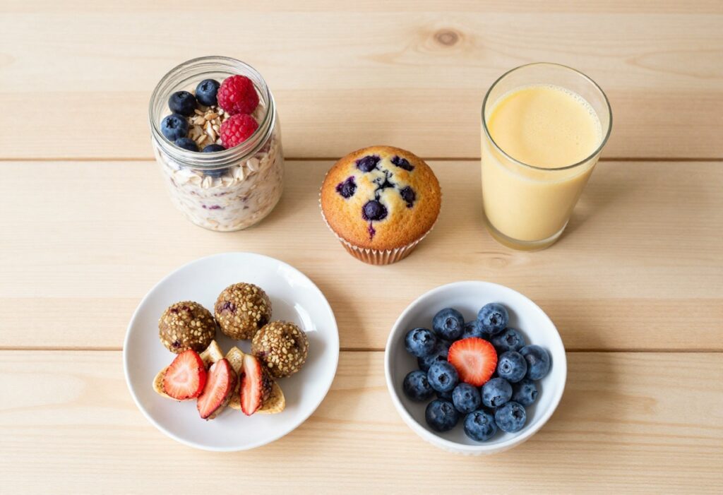 Assorted quick sweet breakfast treats on a wooden table including overnight oats, muffin, smoothie, and energy balls.