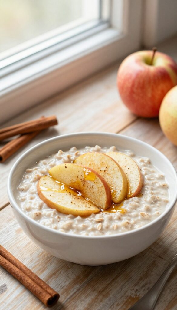 A bowl of oatmeal topped with sautéed apples and cinnamon, with cinnamon sticks and apples on a wooden table.