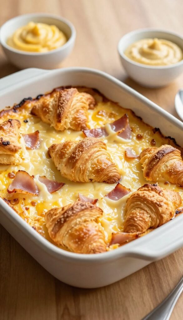 Golden ham and Swiss croissant bake in a baking dish with fresh fruit and mustard on the side.