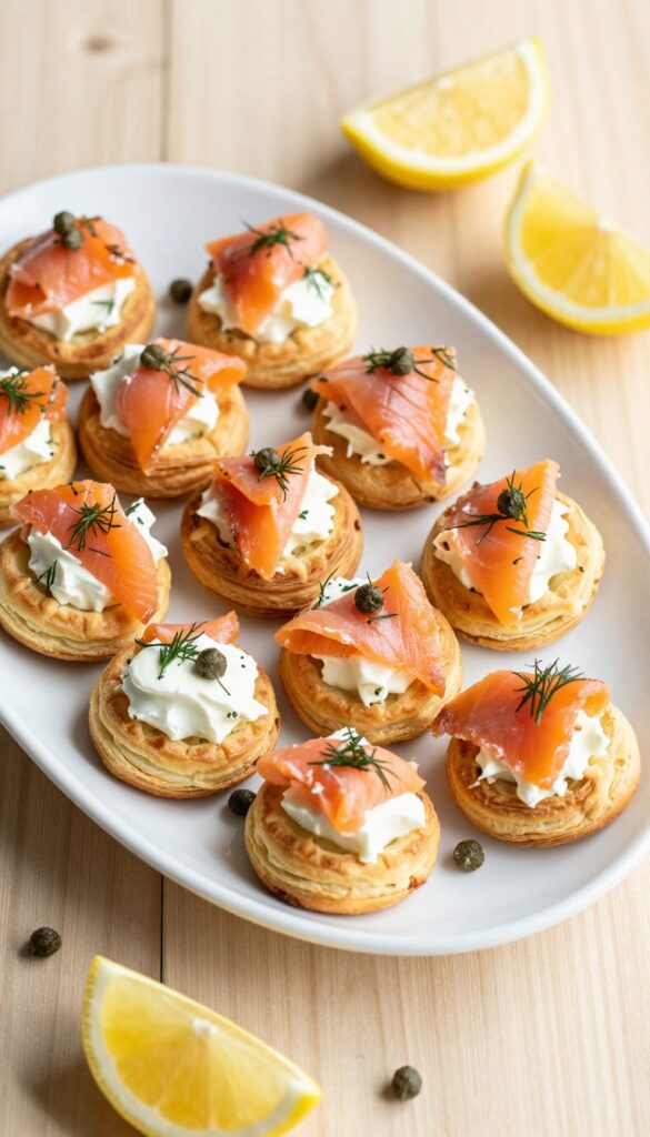 Platter of smoked salmon and dill puff pastry bites with lemon wedges and dill garnish