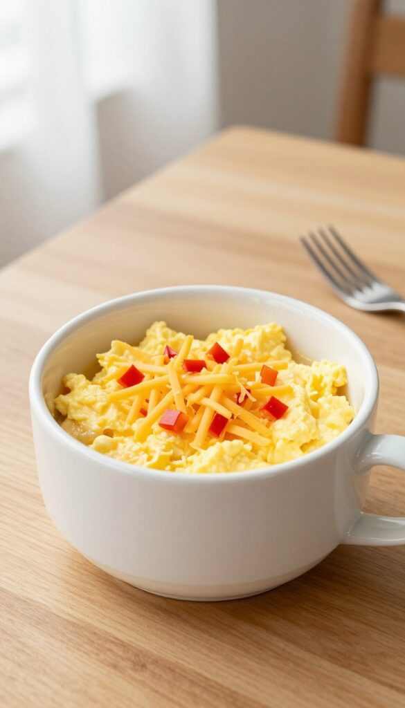 Microwave scrambled eggs in a mug with cheese and bell peppers on a wooden table.