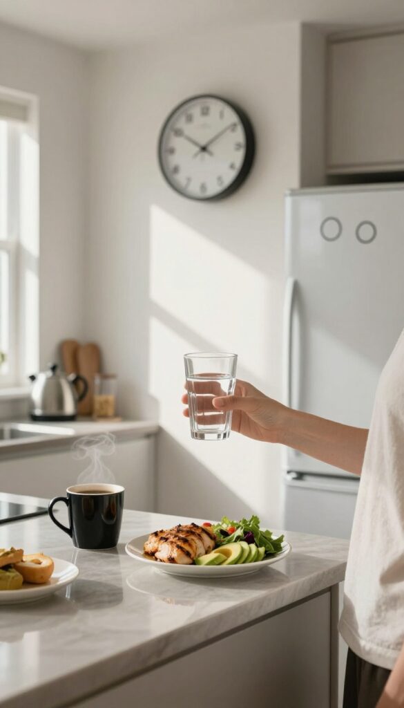 Person holding water in kitchen with coffee, balanced meal, and calendar marking fast days