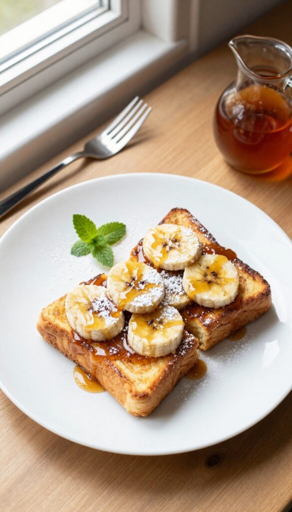 Cinnamon French toast with caramelized bananas on a white plate, garnished with powdered sugar and mint, on a wooden table with natural light.