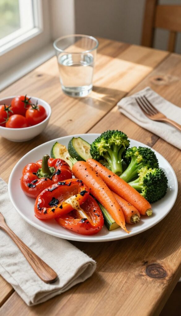 Colorful vegetable-rich meal on a wooden table in natural light