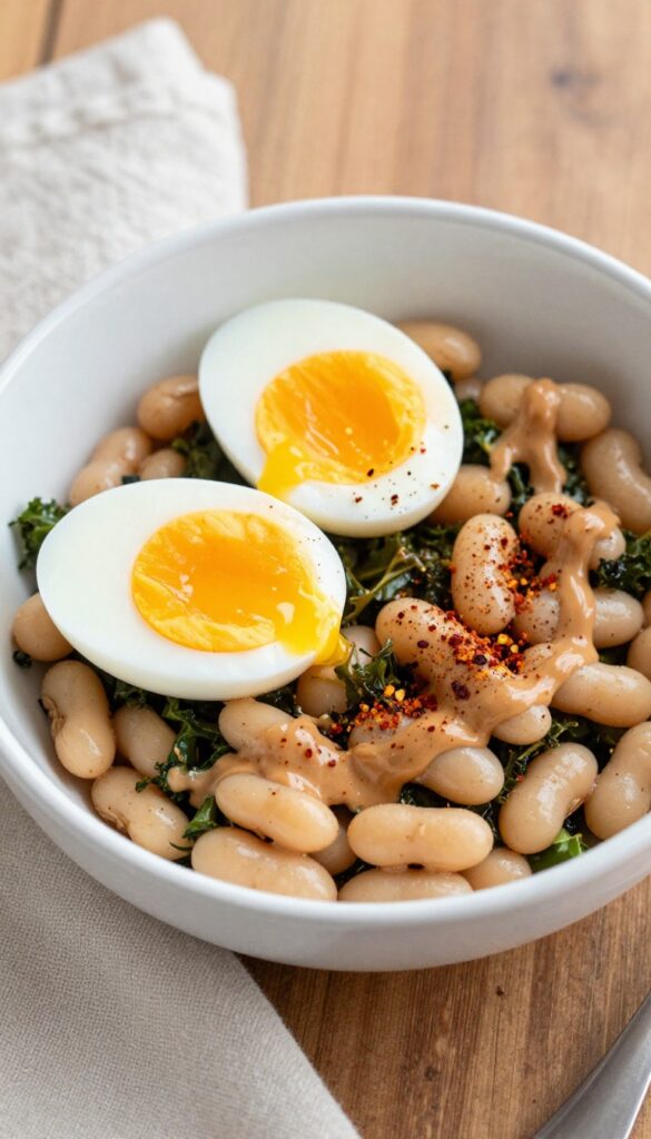 Kale and white bean breakfast bowl with soft-boiled egg and tahini drizzle