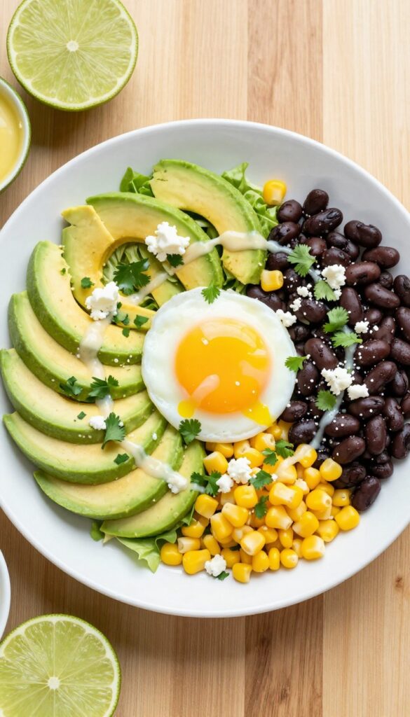 Mexican breakfast salad with avocado, black beans, corn, queso fresco, and a poached egg, drizzled with lime dressing