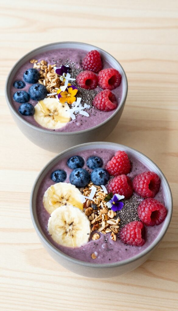 Two berry blast smoothie bowls topped with granola, coconut, fresh berries, and chia seeds on a wooden table.