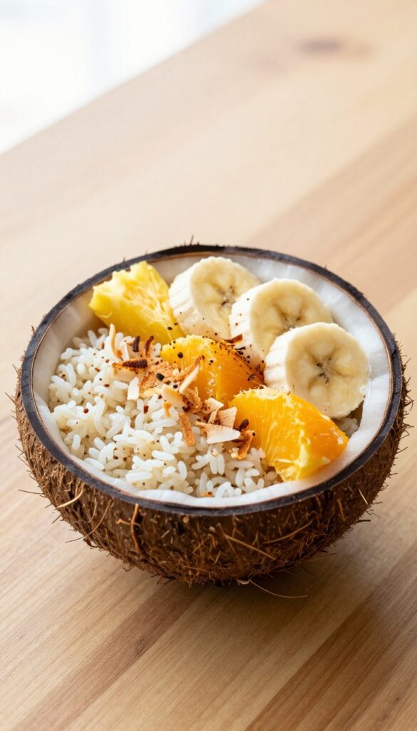 Tropical fruit bowl with coconut rice, banana, orange, and pineapple
