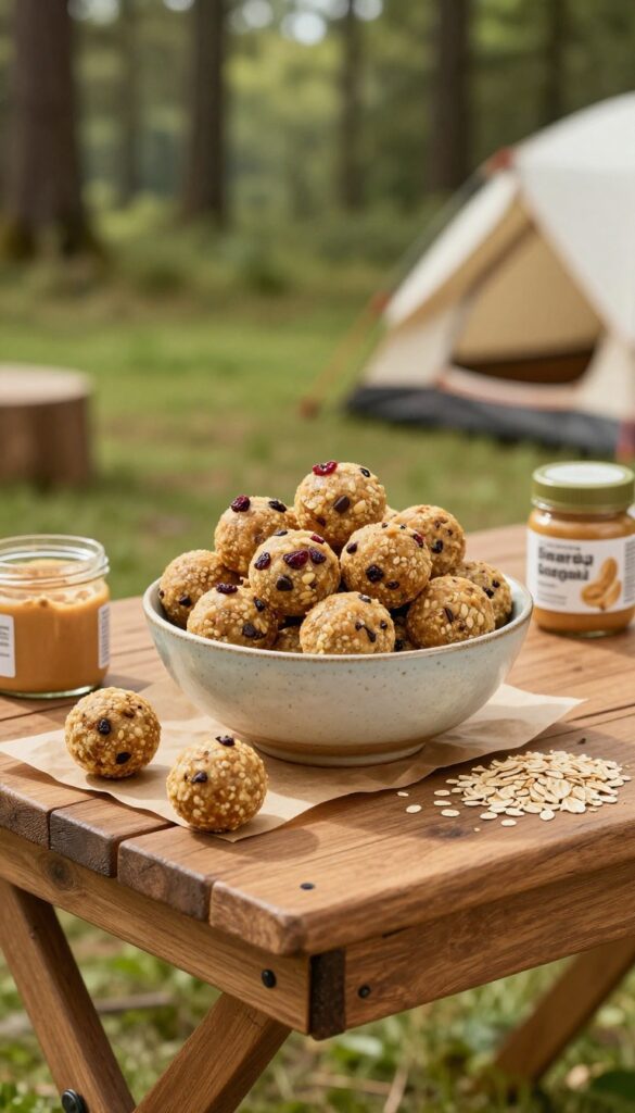 Trail mix energy balls in a bowl on a camping table with peanut butter and oats, forest background