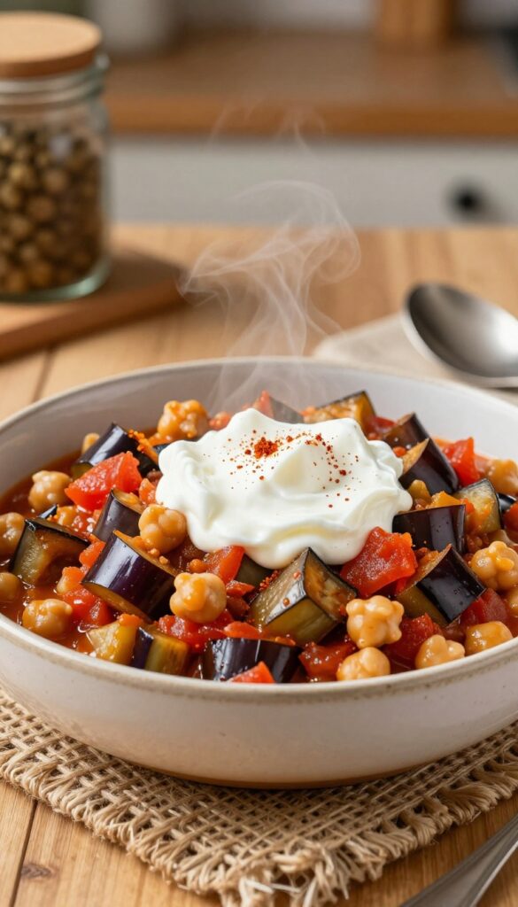 Bowl of eggplant and chickpea stew with Greek yogurt garnish on a wooden table