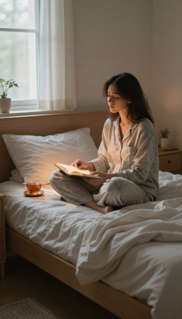 Person practicing gratitude reflection in bed before sleep