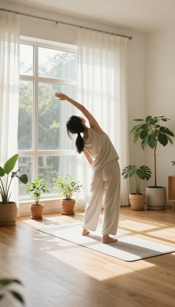 Woman stretching on yoga mat in sunlit living room with plants