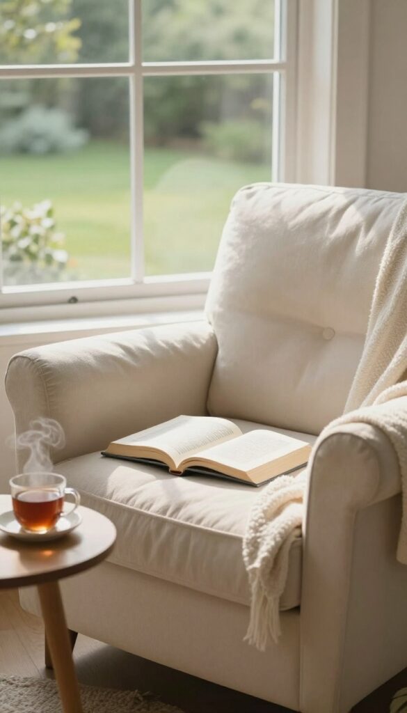 Cozy reading nook with an open fiction book, armchair, tea, and natural light